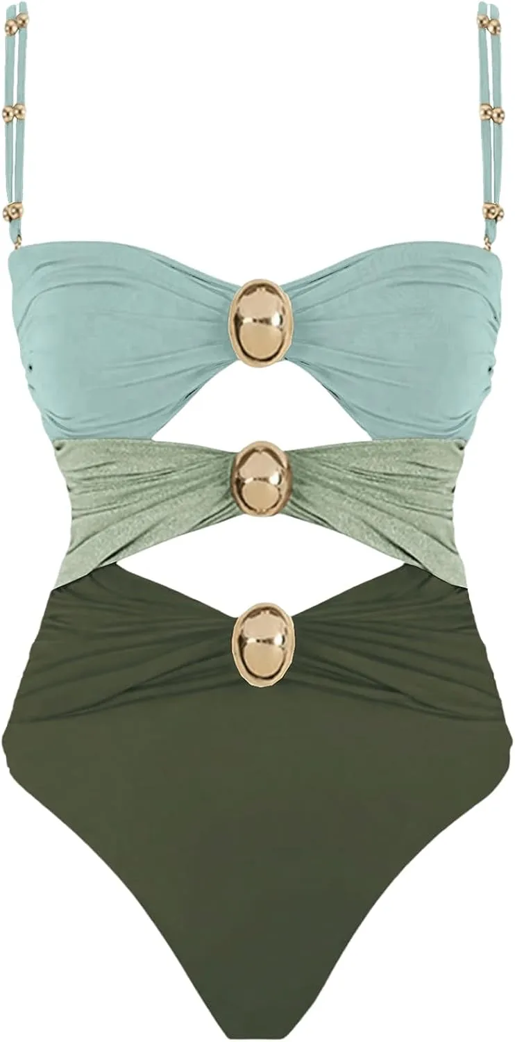 Verdusa Women's Cut Out Colorblock One Piece Swimsuit Ruched Swimwear Bathing Suit