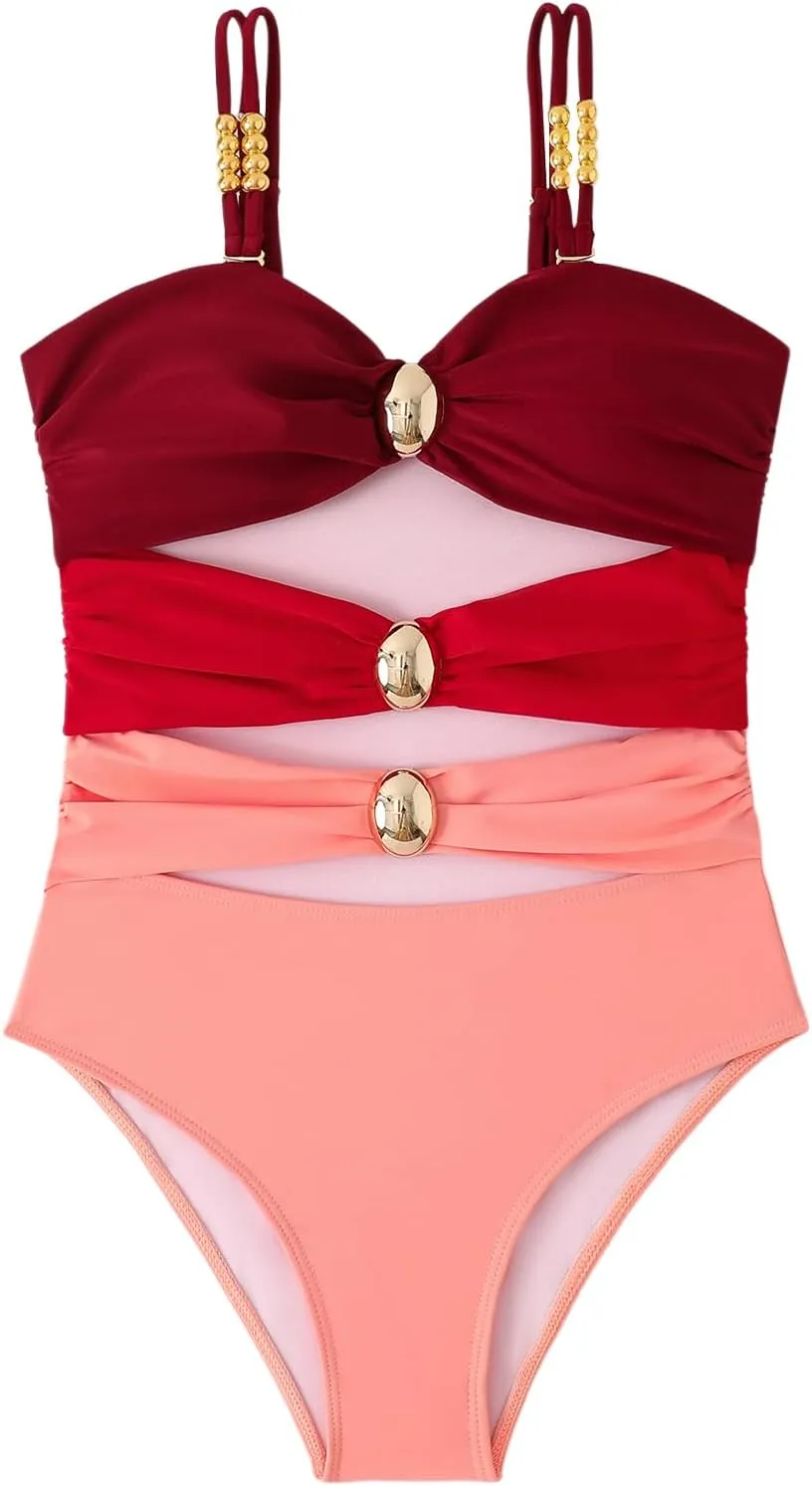 Verdusa Women's Cut Out Colorblock One Piece Swimsuit Ruched Swimwear Bathing Suit