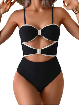 Verdusa Women's Cut Out Colorblock One Piece Swimsuit Tie Back Swimwear Bathing Suit