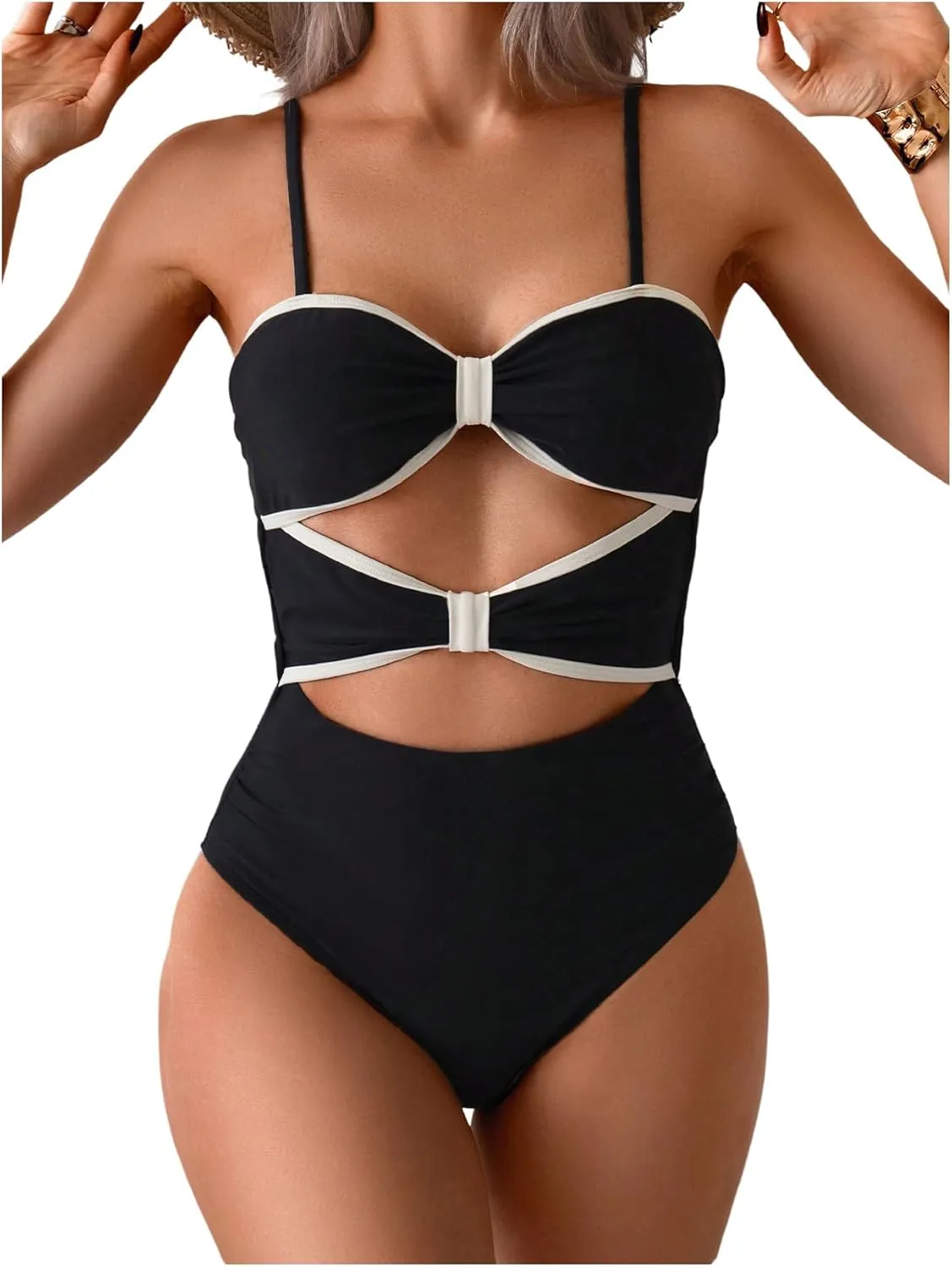 Verdusa Women's Cut Out Colorblock One Piece Swimsuit Tie Back Swimwear Bathing Suit