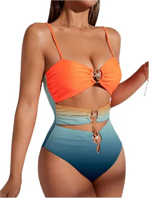Verdusa Women's Cut Out One Piece Backless Wireless Swimsuit with Cover Up Skirt