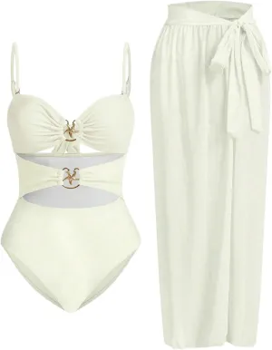 Verdusa Women's Cut Out One Piece Backless Wireless Swimsuit with Cover Up Skirt