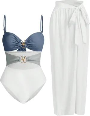 Verdusa Women's Cut Out One Piece Backless Wireless Swimsuit with Cover Up Skirt