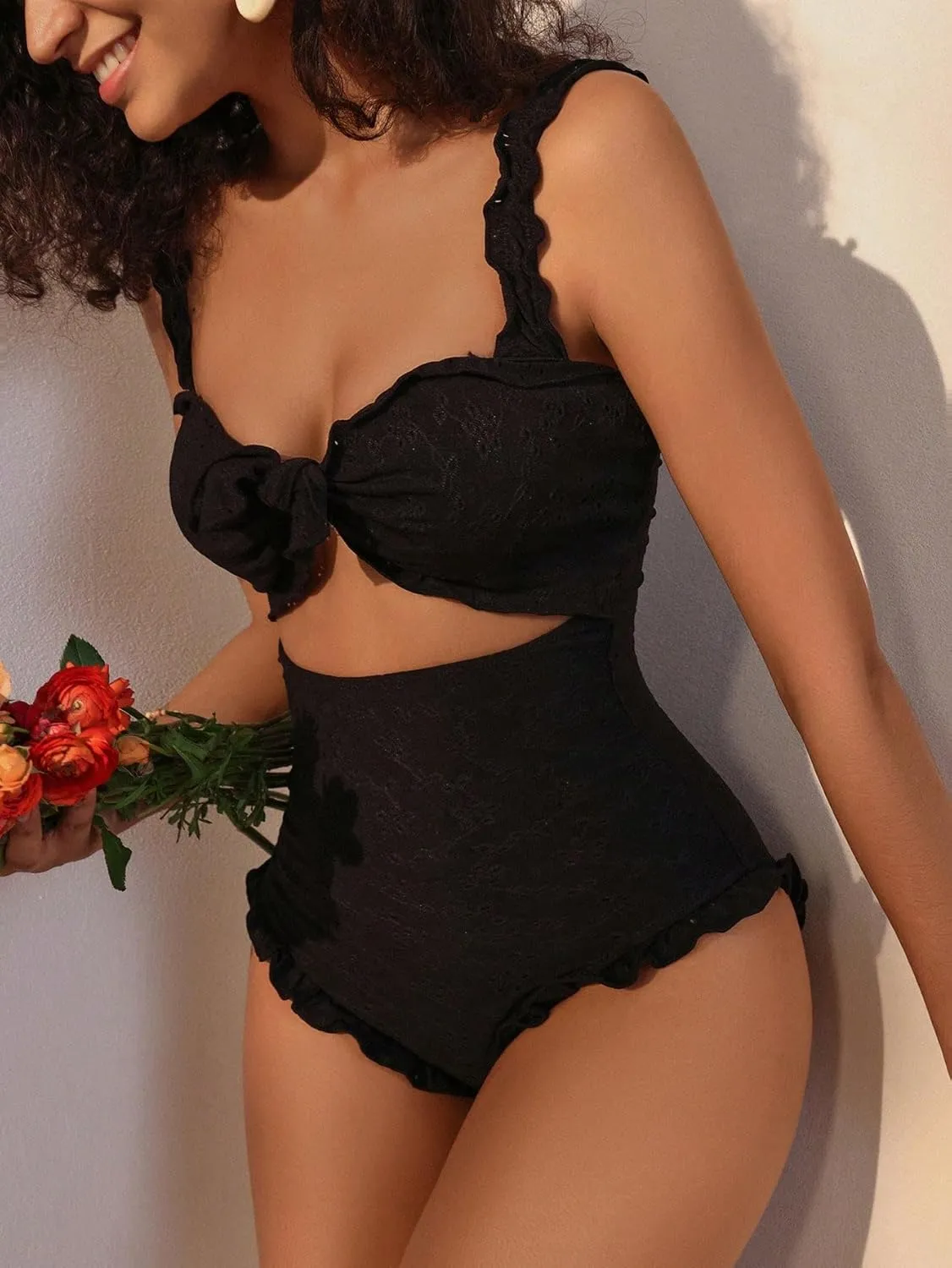 Verdusa Women's Cut Out One Piece Swimsuit Frill Trim Tummy Control Bathing Suit