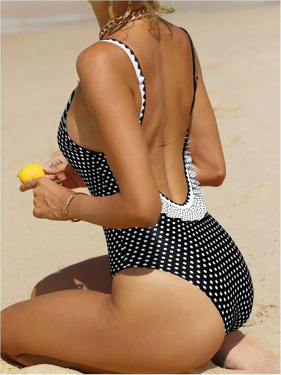 Verdusa Women's Ruffled Open Back Spaghetti Strap One Piece Swimsuit Swimwear