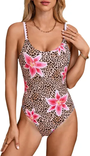Verdusa Women's Ruffled Open Back Spaghetti Strap One Piece Swimsuit Swimwear