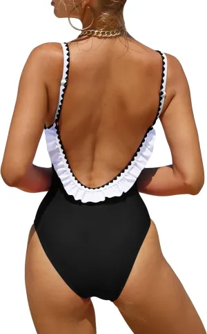 Verdusa Women's Ruffled Open Back Spaghetti Strap One Piece Swimsuit Swimwear