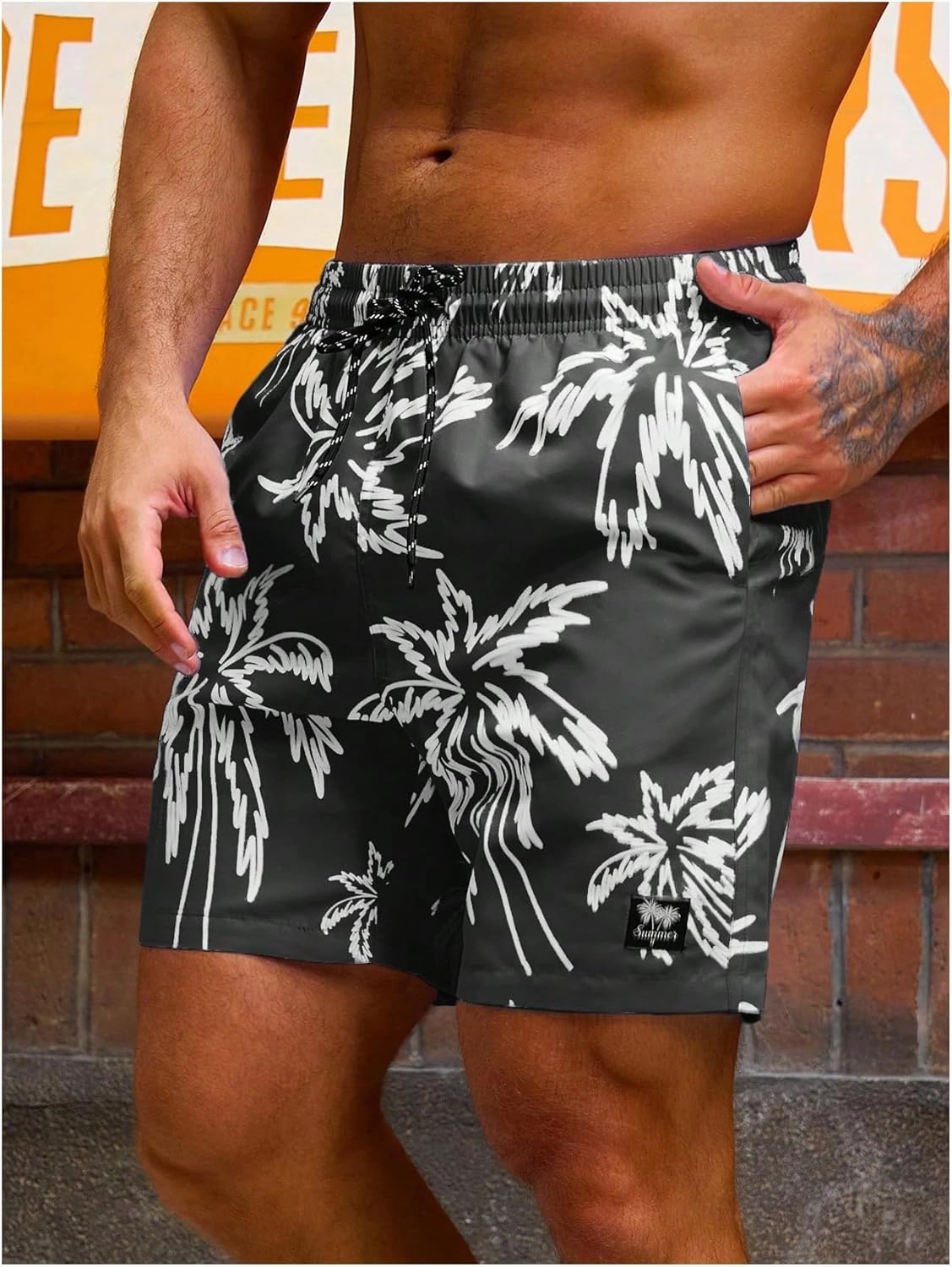 Verdusa Men's Drawstring Waist Swimwear Beach Shorts Swim Trunks with Pockets