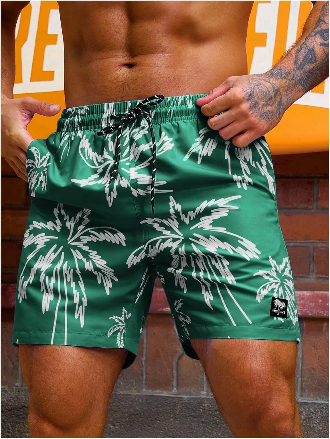 Verdusa Men's Drawstring Waist Swimwear Beach Shorts Swim Trunks with Pockets
