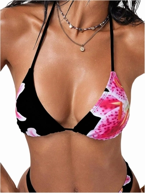 Verdusa Women's Leopard Print Triangle Halter Bikini Tops Floral Tie Back Swimwear Top