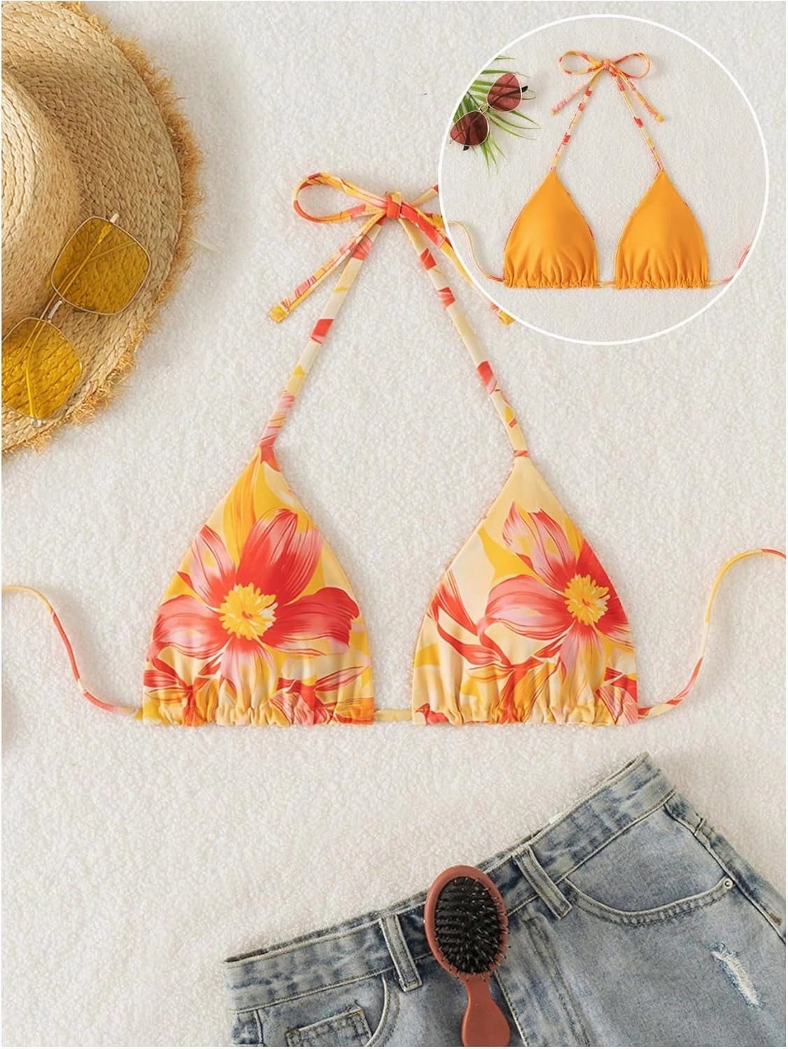 Verdusa Women's Reversible Floral Print Triangle Halter Bikini Tops Tie Backless Swimwear Top