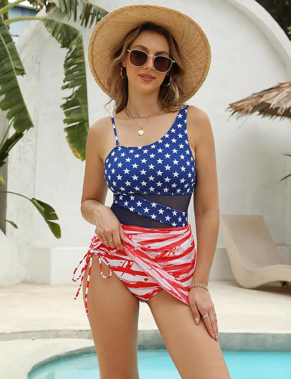 VIMPUNEC Women Sexy One Piece Swim Dress Tummy Control Swimsuits One Shoulder Mesh Bathing Suit Skirts