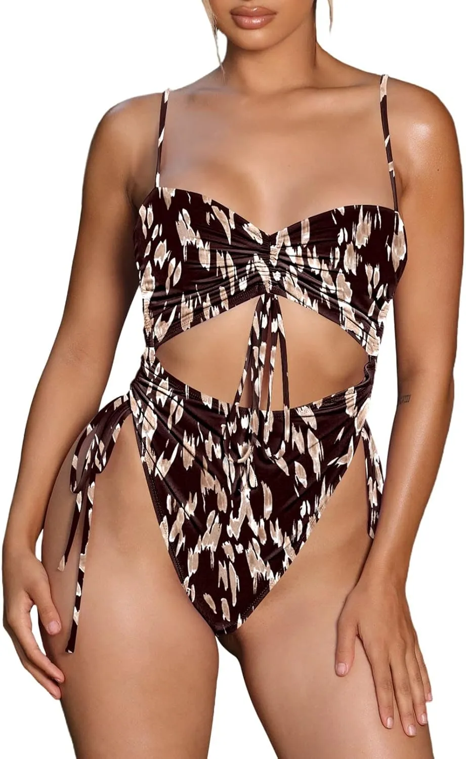 Viottiset Women's Cut Out Drawstring One Piece Swimsuit Cheeky High Cut Bathing Suit