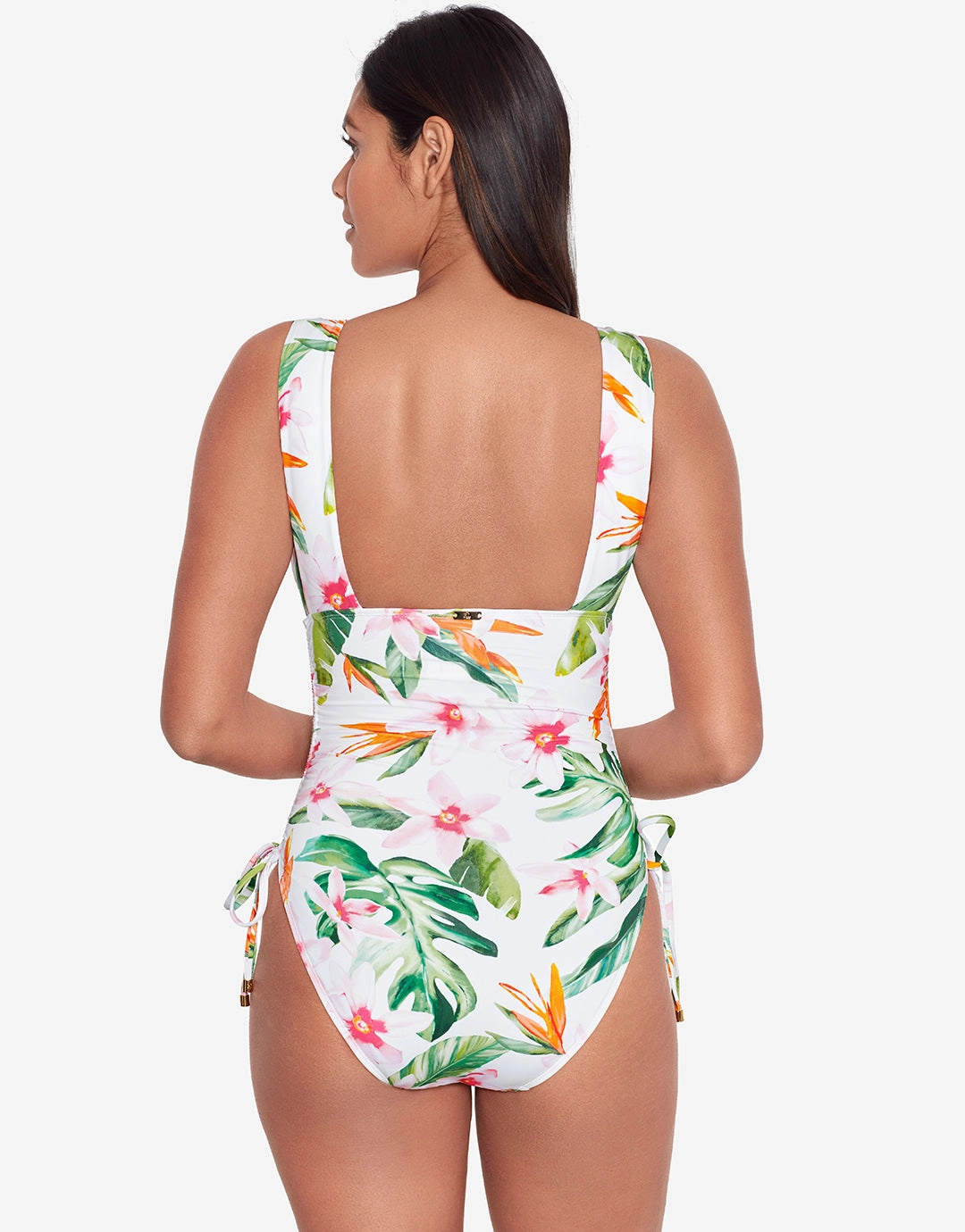 Watercolour Tropical Shirred Plunge Swimsuit - White Multi