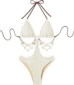 WDIRARA Women's Chain Linked Cut Out Halter One Piece Swimsuit