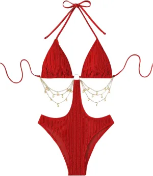 WDIRARA Women's Chain Linked Cut Out Halter One Piece Swimsuit