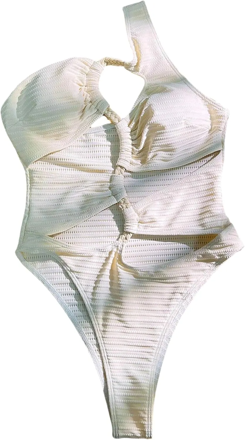 WDIRARA Women's Cut Out One Shoulder Swimsuit Bikini Hollow Out Ruched High Cut One Piece Swimsuit