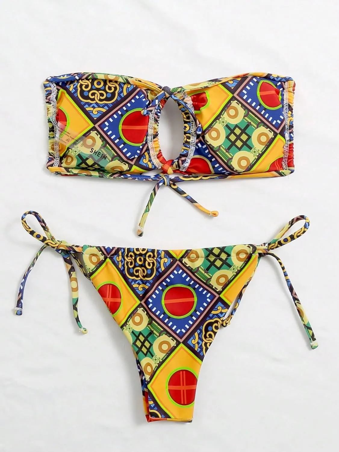 WDIRARA Women's Cutout Print Bandeau Top and Tie Side Bikini Set 2 Piece Sexy Swimsuits