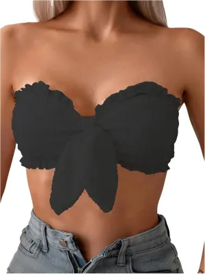 WDIRARA Women's Ruffle Trim Strapless Bandeau Bikini Top Knot Front Bathing Suit Tops