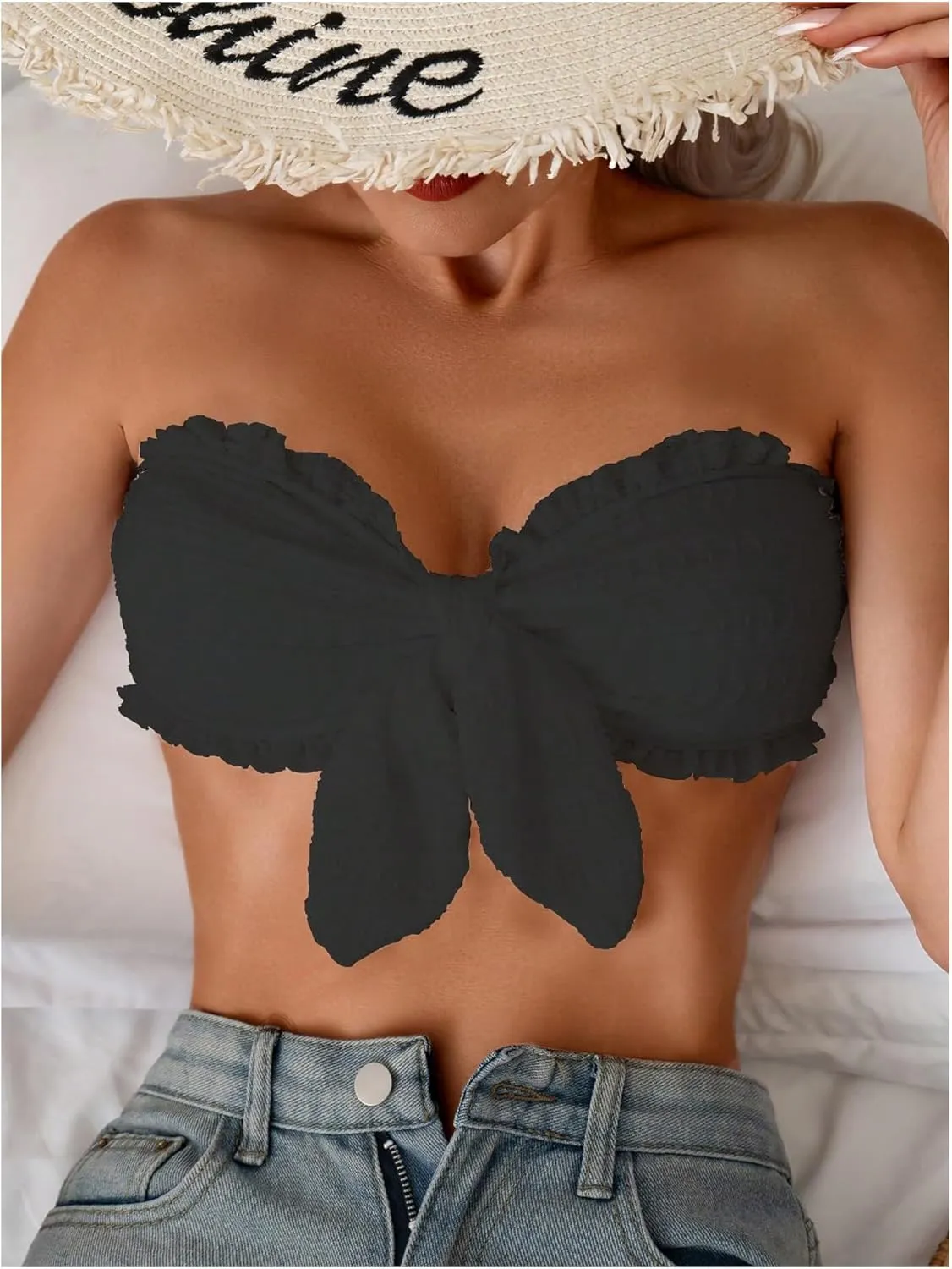 WDIRARA Women's Ruffle Trim Strapless Bandeau Bikini Top Knot Front Bathing Suit Tops