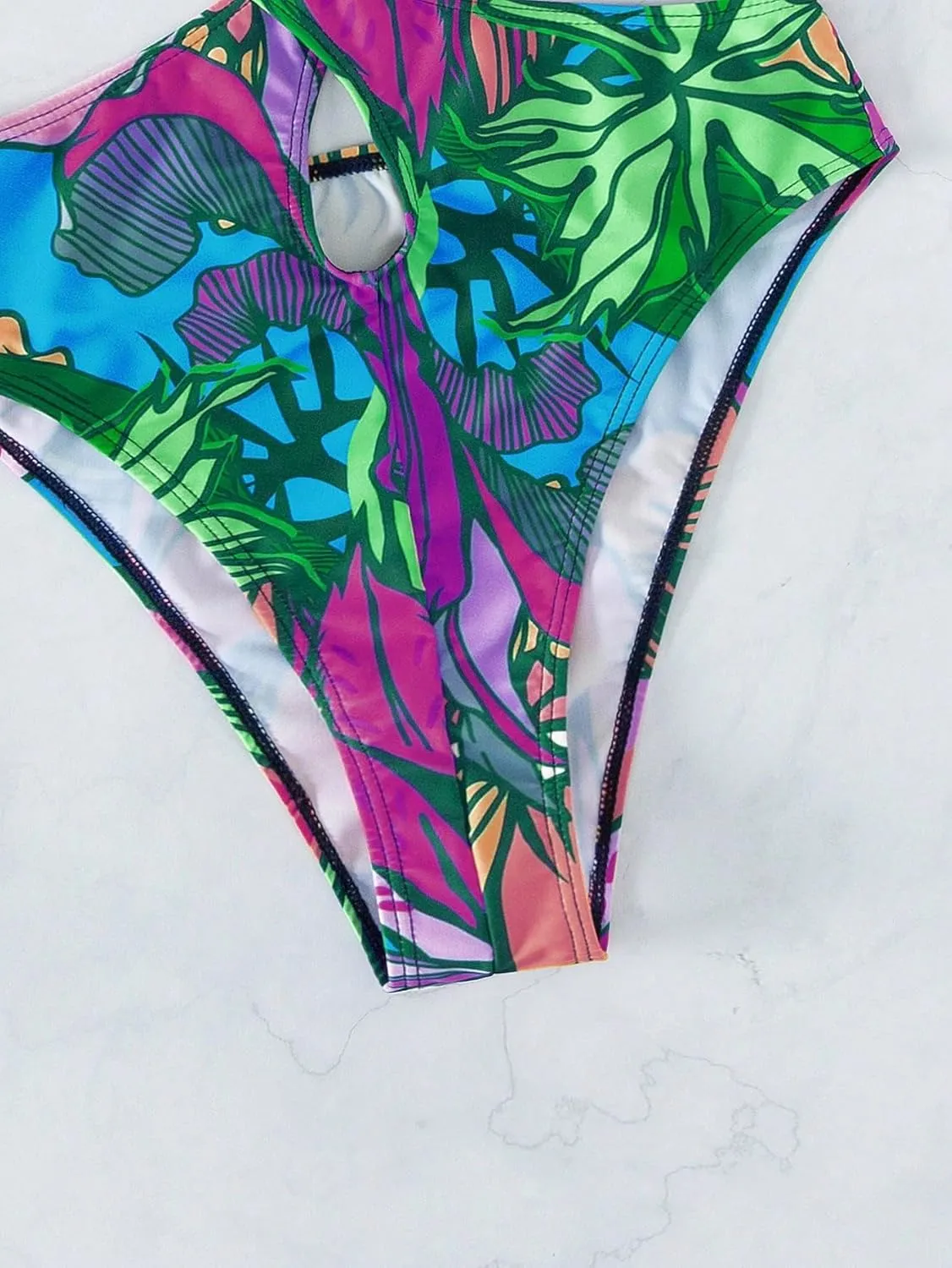 WDIRARA Women's Strapless Cut Out One Piece Swimsuit Tropical Print High Cut Swimsuit