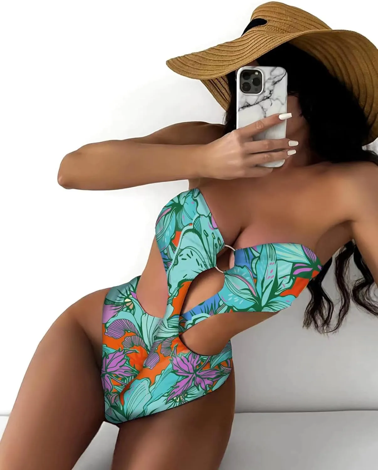 WDIRARA Women's Strapless Cut Out One Piece Swimsuit Tropical Print High Cut Swimsuit