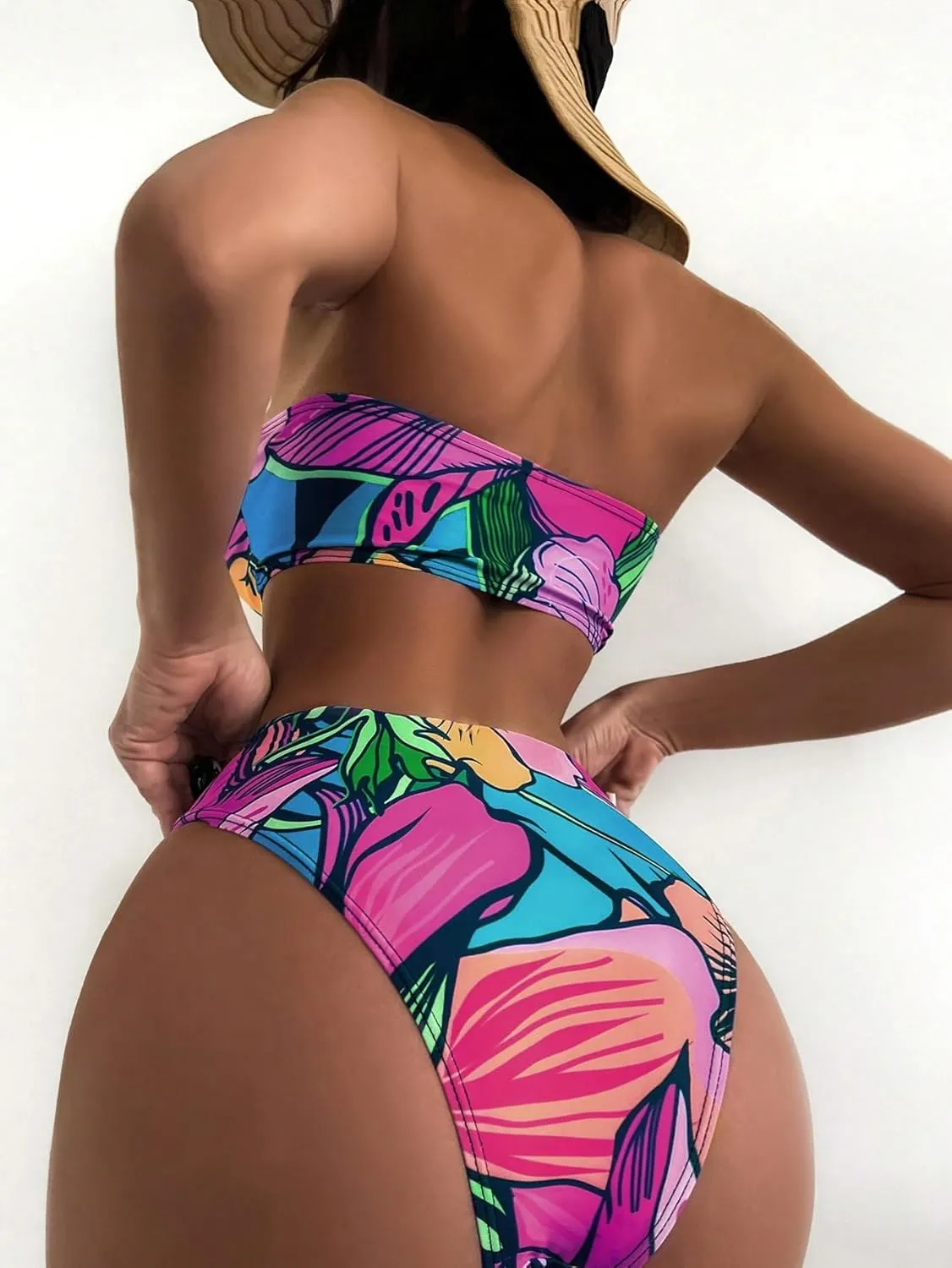 WDIRARA Women's Strapless Cut Out One Piece Swimsuit Tropical Print High Cut Swimsuit