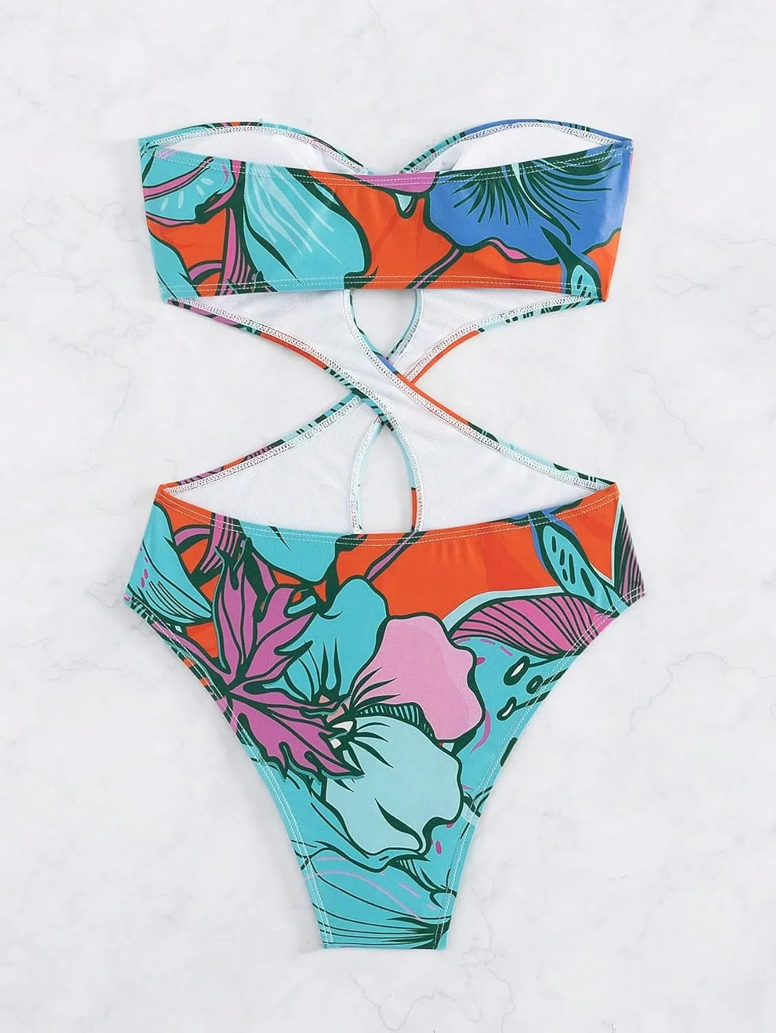 WDIRARA Women's Strapless Cut Out One Piece Swimsuit Tropical Print High Cut Swimsuit