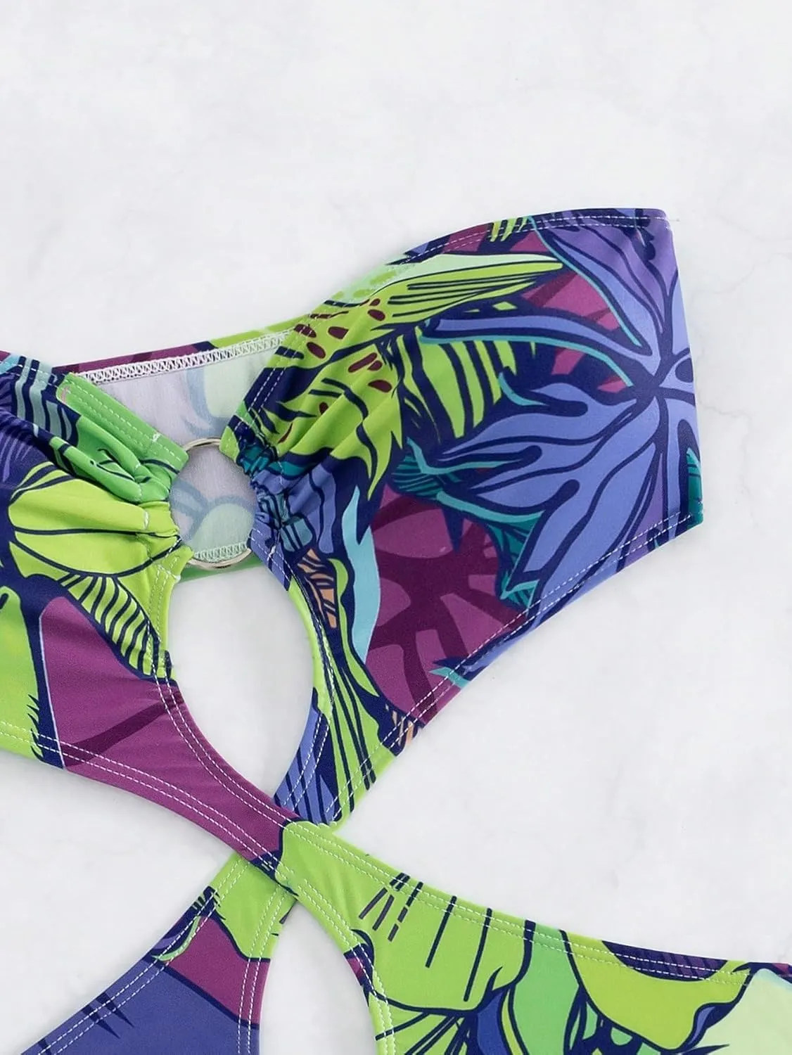 WDIRARA Women's Strapless Cut Out One Piece Swimsuit Tropical Print High Cut Swimsuit