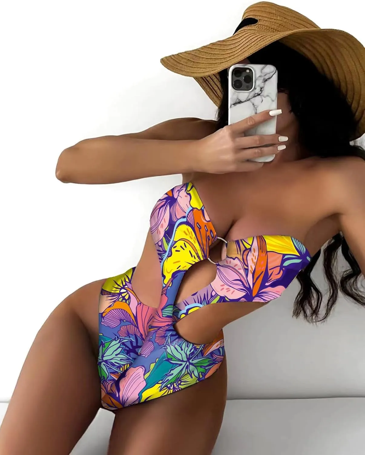 WDIRARA Women's Strapless Cut Out One Piece Swimsuit Tropical Print High Cut Swimsuit