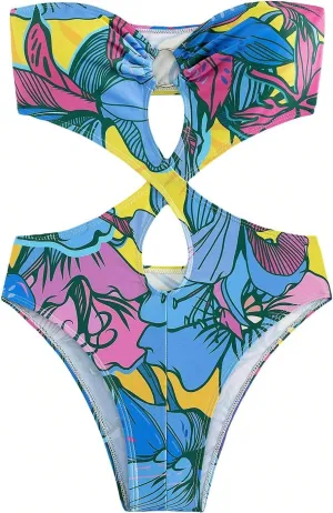 WDIRARA Women's Strapless Cut Out One Piece Swimsuit Tropical Print High Cut Swimsuit