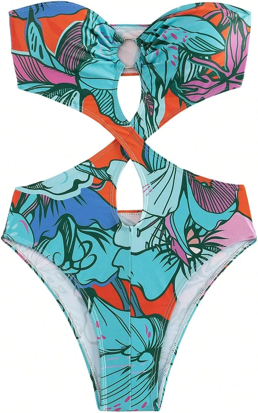 WDIRARA Women's Strapless Cut Out One Piece Swimsuit Tropical Print High Cut Swimsuit