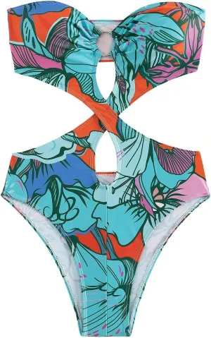WDIRARA Women's Strapless Cut Out One Piece Swimsuit Tropical Print High Cut Swimsuit