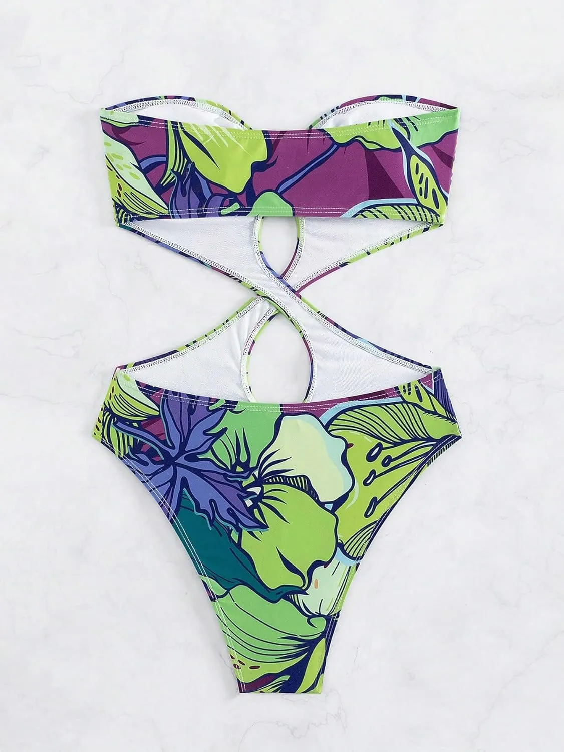 WDIRARA Women's Strapless Cut Out One Piece Swimsuit Tropical Print High Cut Swimsuit