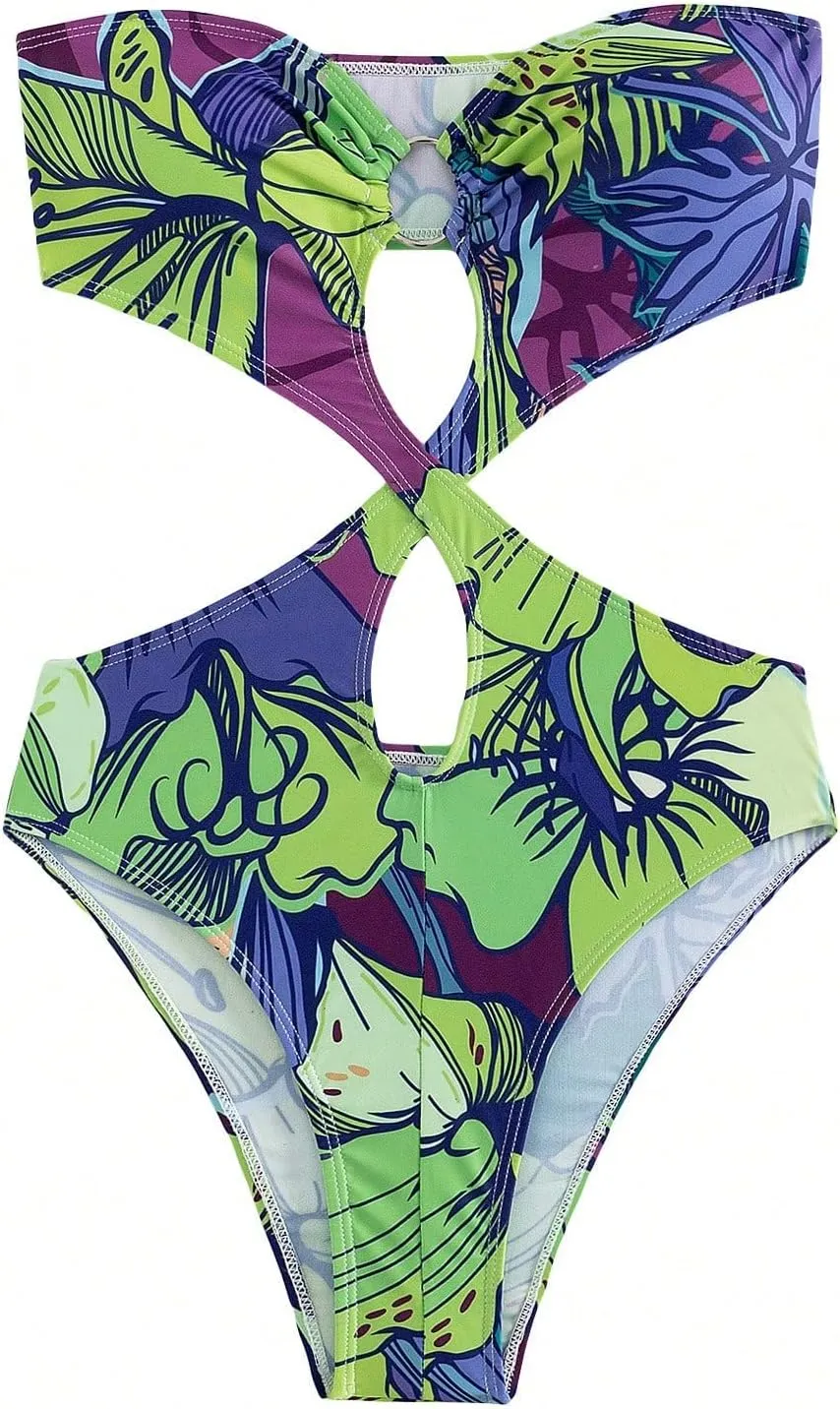 WDIRARA Women's Strapless Cut Out One Piece Swimsuit Tropical Print High Cut Swimsuit