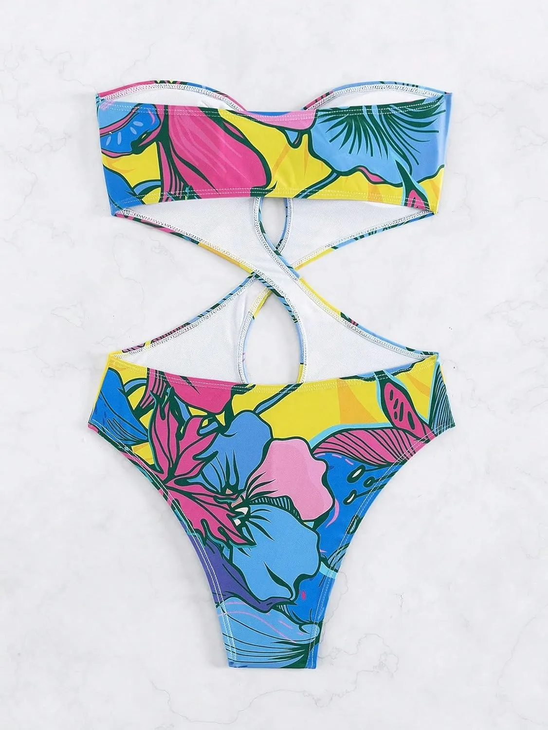 WDIRARA Women's Strapless Cut Out One Piece Swimsuit Tropical Print High Cut Swimsuit
