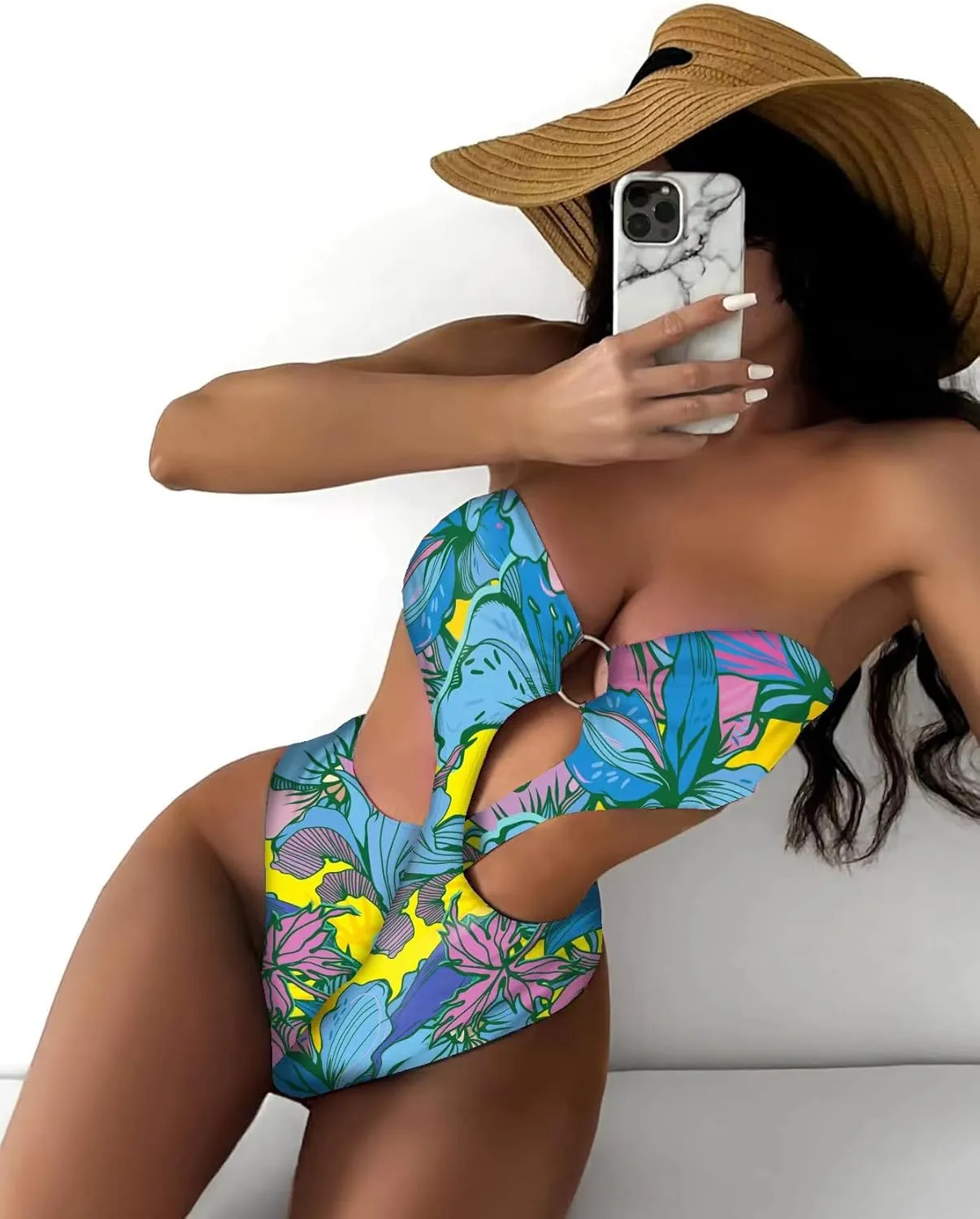 WDIRARA Women's Strapless Cut Out One Piece Swimsuit Tropical Print High Cut Swimsuit