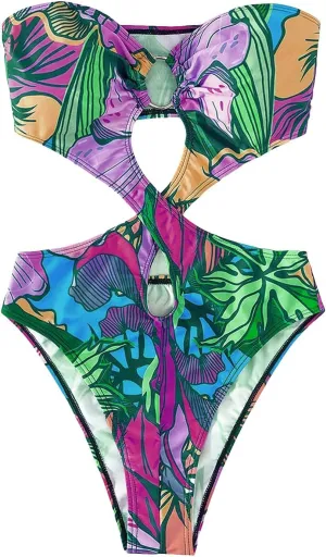 WDIRARA Women's Strapless Cut Out One Piece Swimsuit Tropical Print High Cut Swimsuit