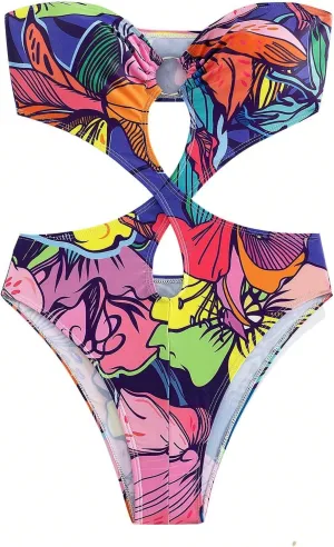 WDIRARA Women's Strapless Cut Out One Piece Swimsuit Tropical Print High Cut Swimsuit