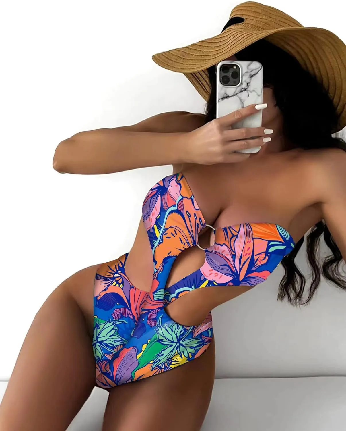 WDIRARA Women's Strapless Cut Out One Piece Swimsuit Tropical Print High Cut Swimsuit