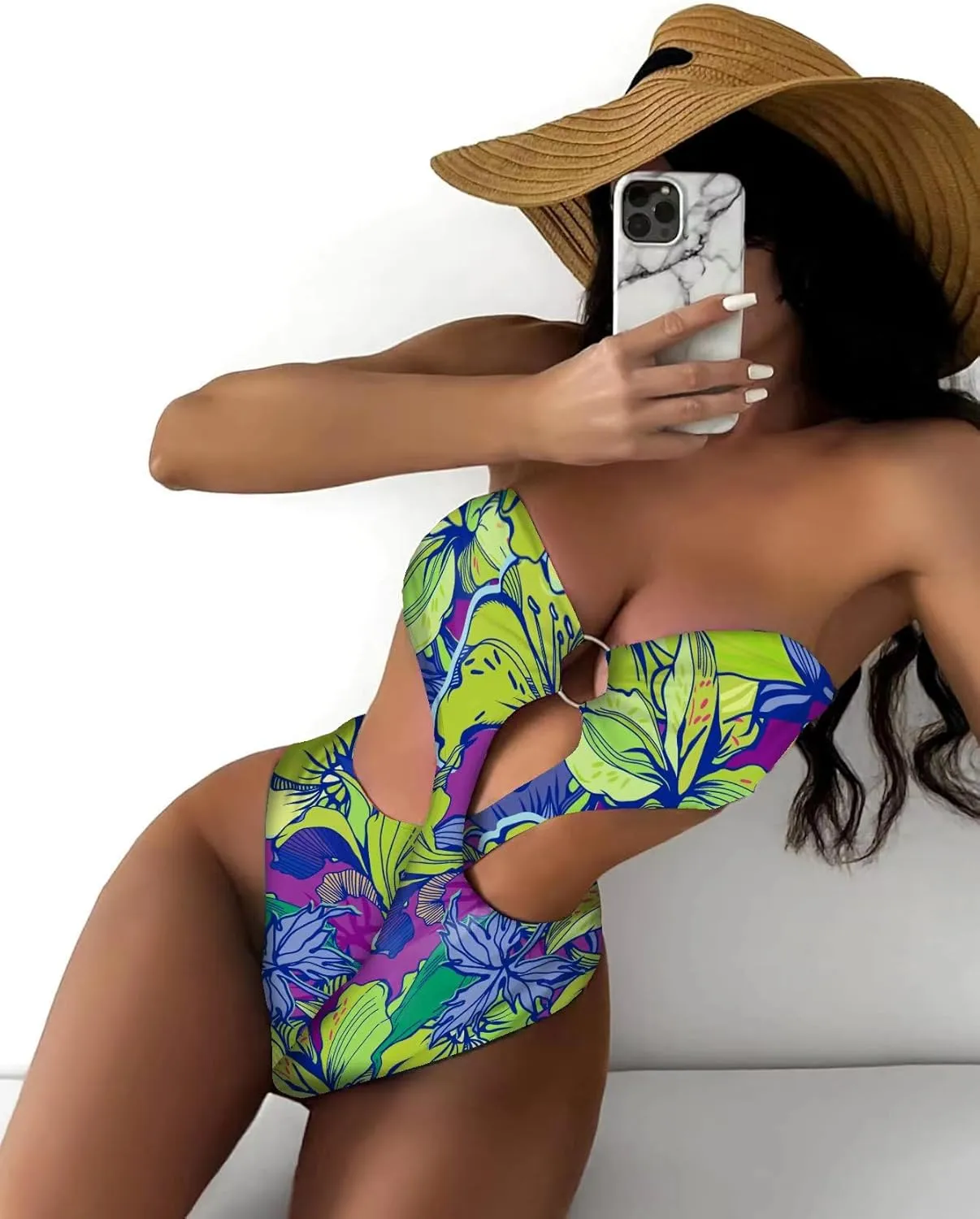 WDIRARA Women's Strapless Cut Out One Piece Swimsuit Tropical Print High Cut Swimsuit