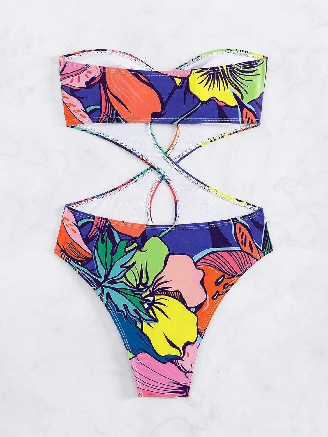 WDIRARA Women's Strapless Cut Out One Piece Swimsuit Tropical Print High Cut Swimsuit