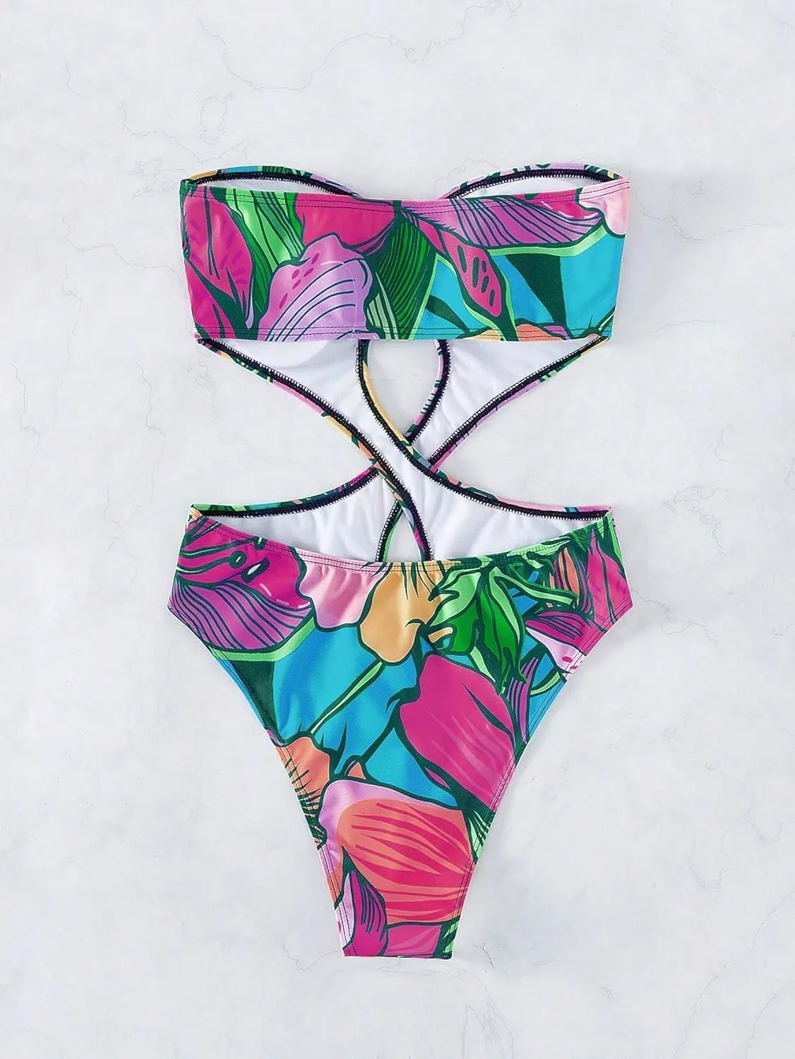WDIRARA Women's Strapless Cut Out One Piece Swimsuit Tropical Print High Cut Swimsuit