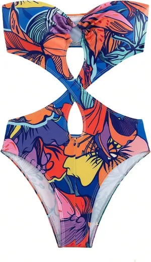 WDIRARA Women's Strapless Cut Out One Piece Swimsuit Tropical Print High Cut Swimsuit