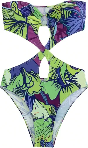 WDIRARA Women's Strapless Cut Out One Piece Swimsuit Tropical Print High Cut Swimsuit