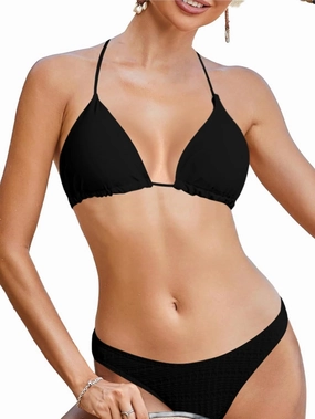 WDIRARA Women's Solid Triangle Bikini Top Sexy Halter String Micro Bathing Suits Tops