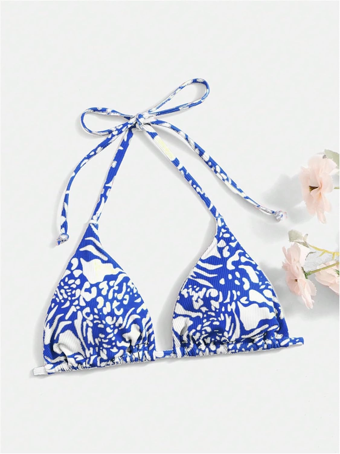 WDIRARA Women's Tropical Print Halter Bikini Top Tie Backless Swim Top