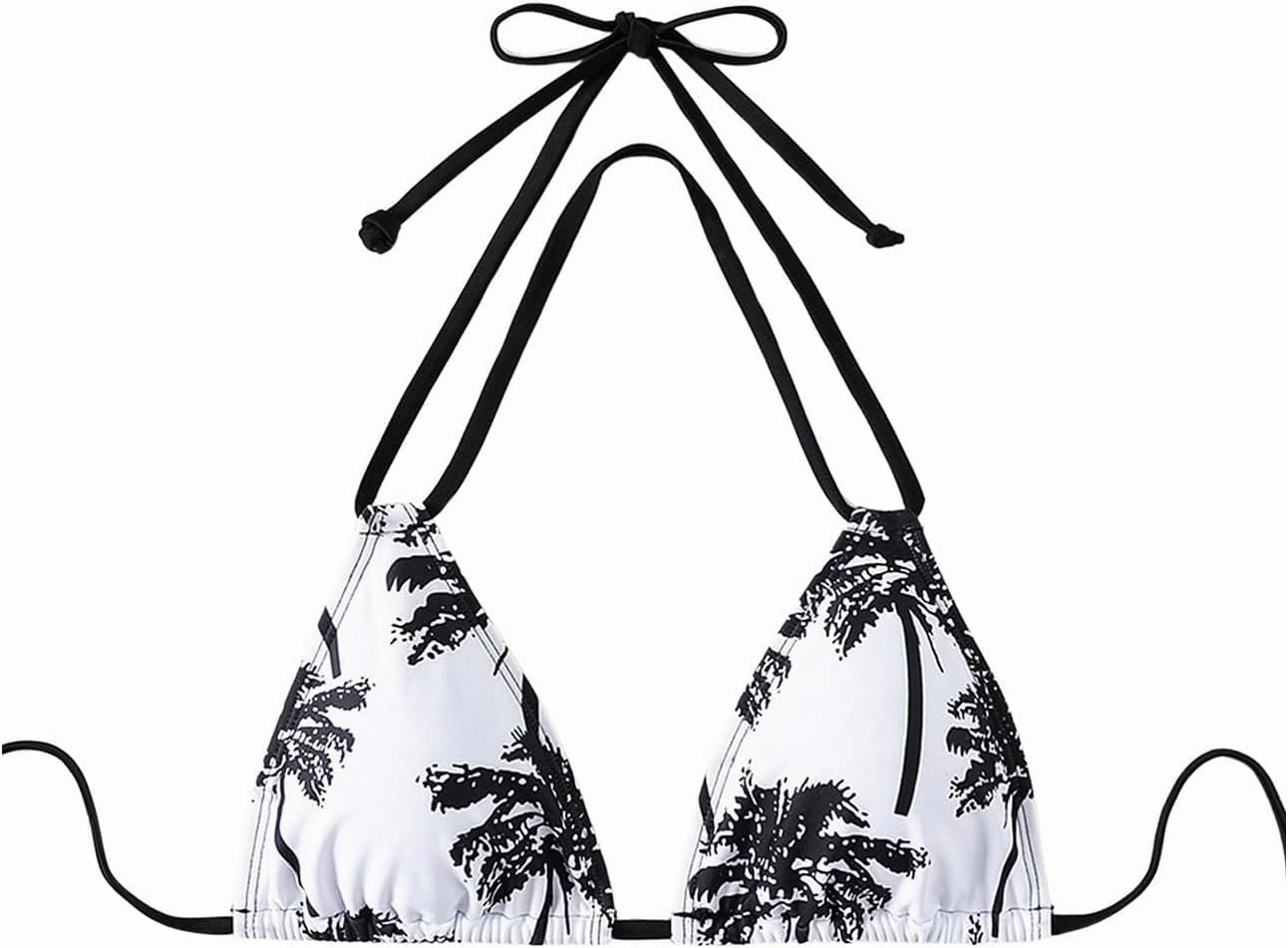 WDIRARA Women's Tropical Print Halter Bikini Top Tie Backless Swim Top