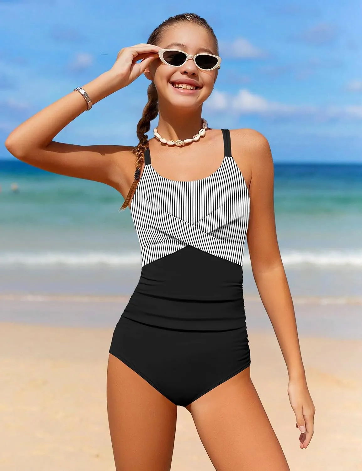 WIQI Girls Swimsuit Criss Cross Ruched One Piece Bathing Suit for Girls Adjustable Tie Back Swimwear 9-16Y