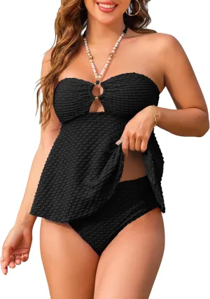 Women Bandeau Swimsuit Two Piece - Tummy Control Bathing Suit Full Coverage High Waisted Bikini Sets Halter Teens